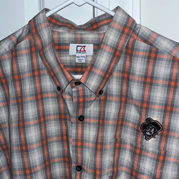 Big Man Oklahoma State OSU Cowboys CB Gray Orange plaid work shirt Pistol Pete - Picture 1 of 6